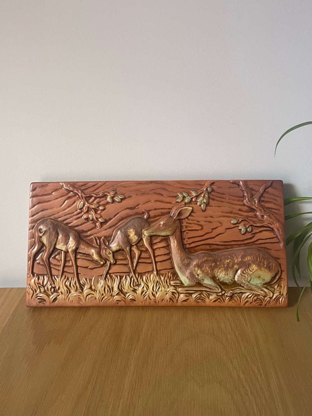 Vintage MCM Ceramic Deer Relief Hanging Wall Plaque Japan